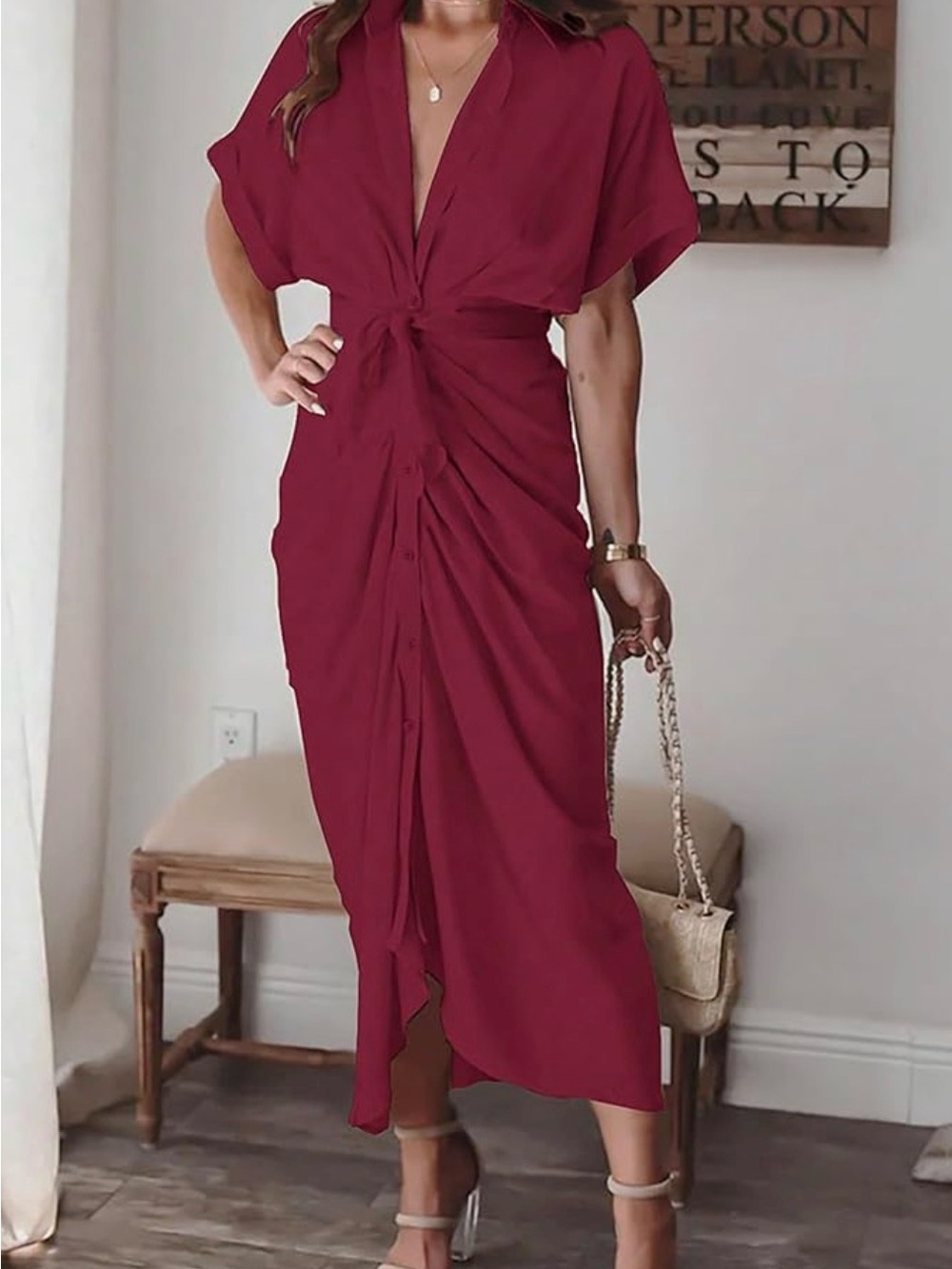 Women’s Knot-Front Shirt Dress in Burgundy
